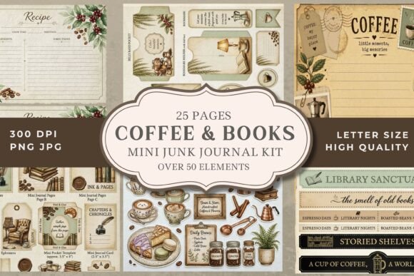 Download Vintage Coffee &amp; Books Junk Journal Kit - Journal Collection