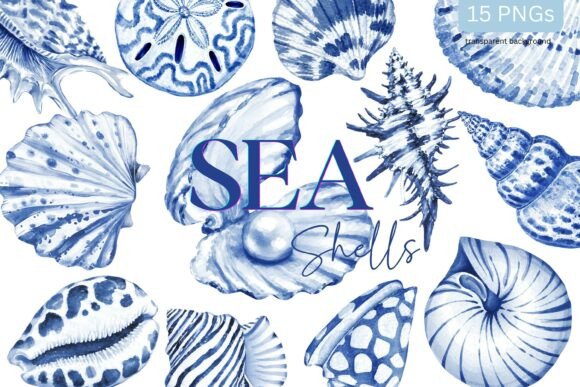 Download Sea Shells Toile Blue Watercolor Coastal - Sea Collection