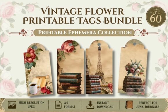 Download Vintage Flower Printable Tags Bundle - Printable tags Collection