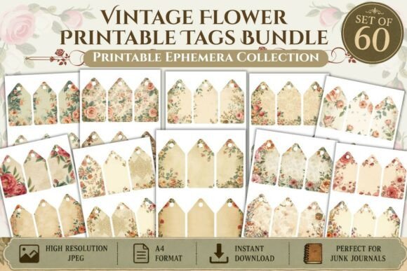 Download Vintage Flower Printable Tags Bundle - Printable tags Collection