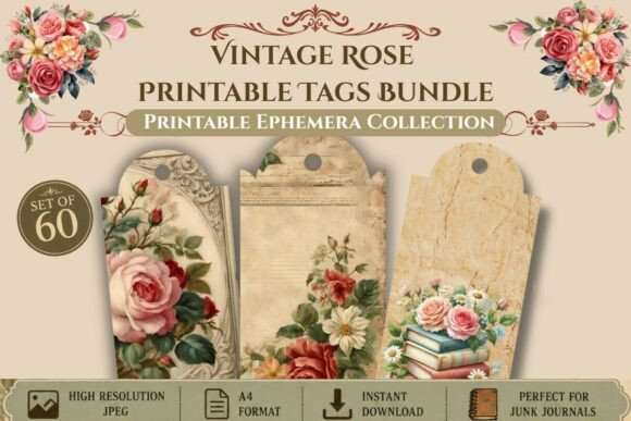 Download Vintage Rose Printable Tags Bundle - Printable tags Collection